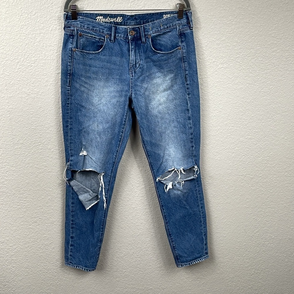 Madewell Boyjean Jeans Medium Wash Rigid Denim Distressed Slits Sz 28